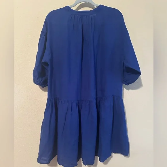 A Piece Apart Linen Cotton Tiered Moya Mini Dress in Cobalt Blue Size Medium